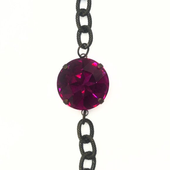 Handcrafted Large Fuchsia Swarovski Crystal Chunky Antique Gold Chain Bracelet - Picture 8 of 8